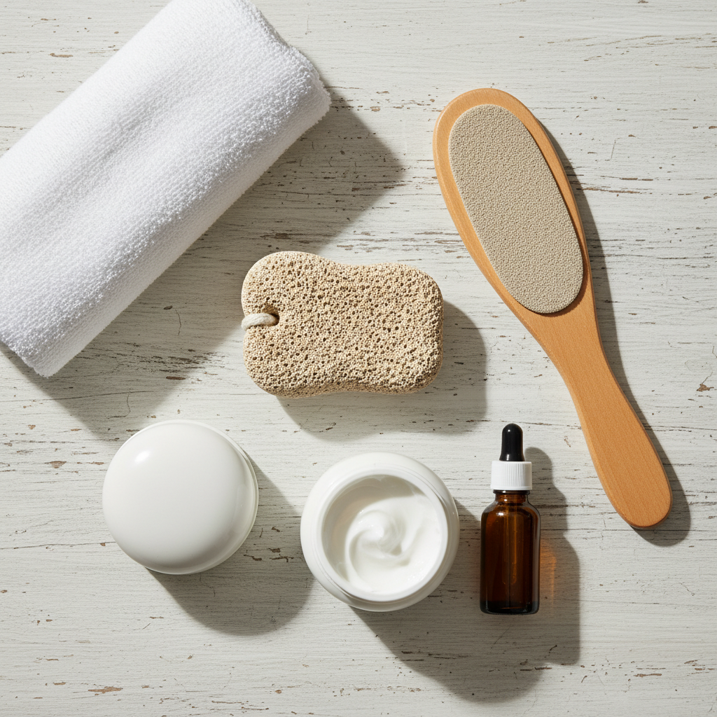 Evde ayak bakımı için kullanılan ponza taşı, törpü, krem gibi ürünlerin düzenli bir şekilde sergilendiği bir fotoğraf.