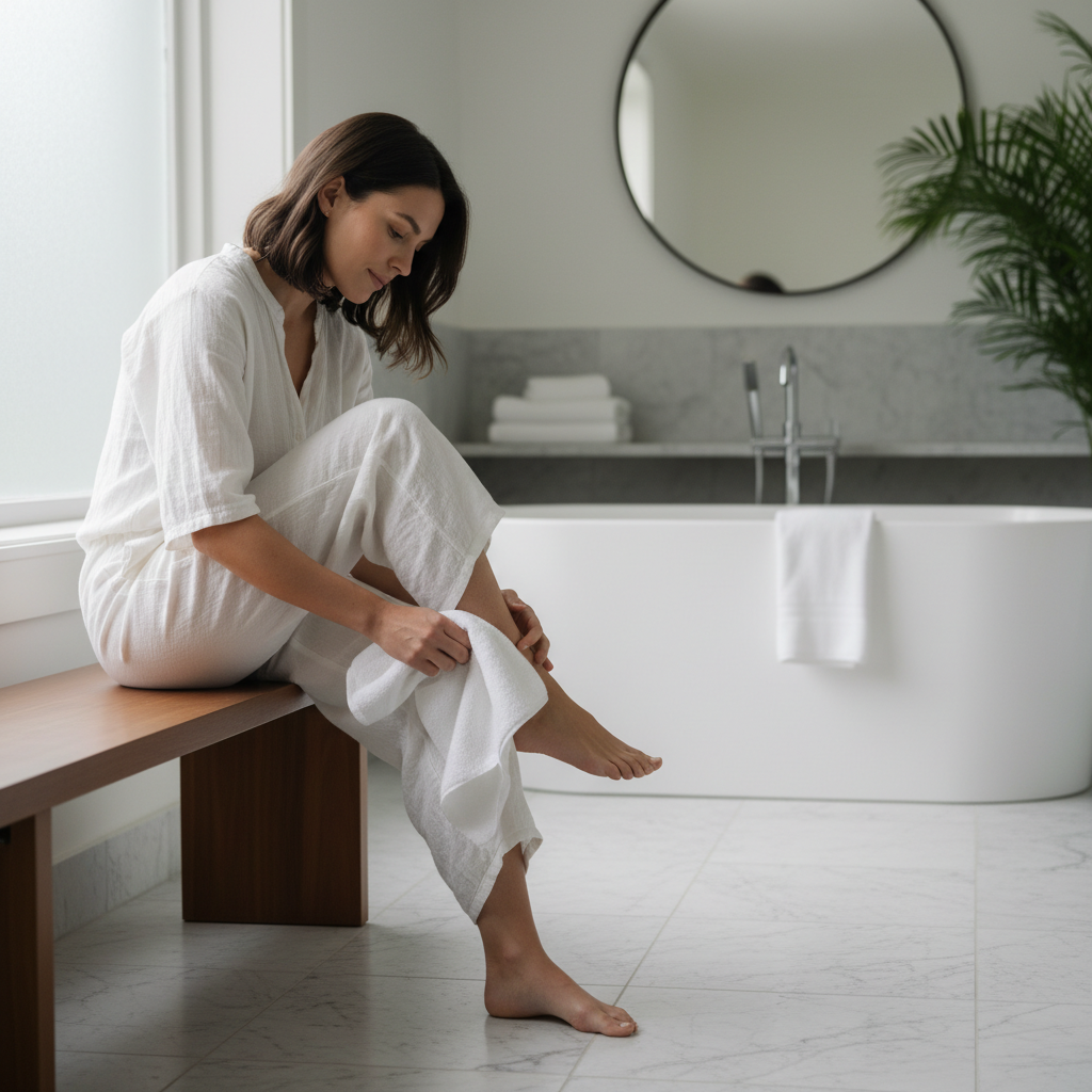 Bir kişi, antrenman sonrası ayak parmaklarının arasını dikkatlice kurulayarak hijyen sağlıyor.